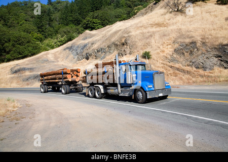 A logging truck carrying redwood and cedar longs on a California coastal highway Stock Photo