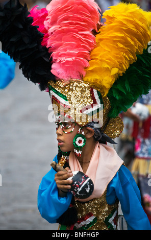 Tribal dance troupes come from all parts of Mexico at the INDEPENDENCE DAY PARADE - SAN MIGUEL DE ALLENE MEXICO Stock Photo