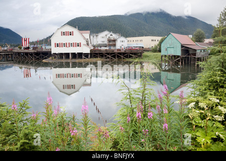 Petersburg, Alaska; Hammer Slough, looking at the Sons of Norway Hall and Bojer Wikan Fishermen's Memorial; park. Stock Photo