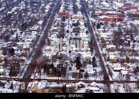 Seen from high above on a bluff, the town of La Crosse, WI is coated in winter snow. Stock Photo