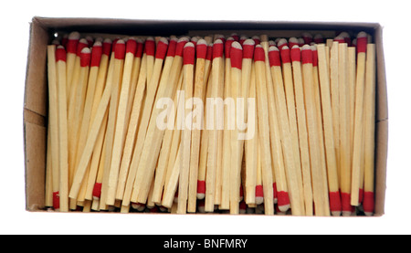 Wooden matchsticks in box isolated on white background. Stock Photo