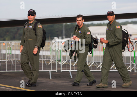 US Air Force pilots arrive for another day presenting their aircraft to the public at the Farnborough Airshow. Stock Photo