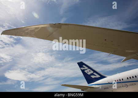 Boeing's new 787 Dreamliner wing and tail during Farnborough Airshow. Stock Photo