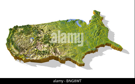 Coterminous United States, 3D relief map cut-out with urban areas and interstate highways. Stock Photo