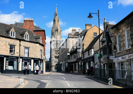 Looking towards St. Mary's St. (ahead) and St. Mary's Church in Stamford town centre, Lincolnshire. Stock Photo