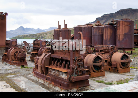 Rusting equipment at the old whaling station in Grytviken, on South Georgia Island Stock Photo