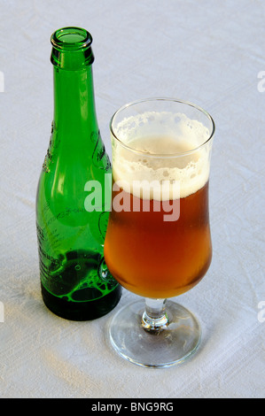 Bottle and glass of beer (lager), Mijas Costa, Costa del Sol, Andalucia, Spain, Western Europe. Stock Photo