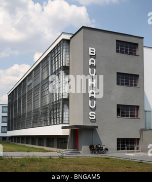 The Bauhaus school building in Dessau, Germany, with Brompton folding bikes parked outside. Stock Photo