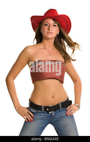 woman in red sombrero isolated on white Stock Photo