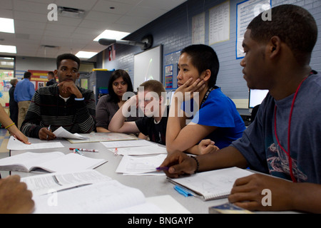 Female physics teacher leads discussion during class at Manor New Tech High School, an innovative project-based learning school Stock Photo