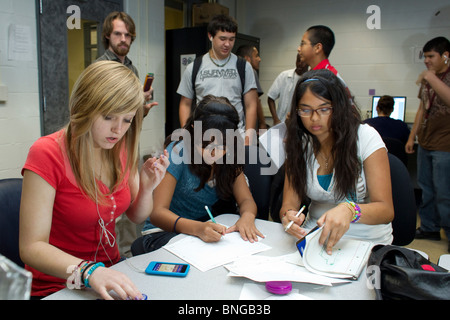 Girls work on design for model solar-powered car at a small and innovative public school focused on project-based learning. Stock Photo