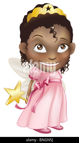 An illustration of a young black girl dressed in a fairy princess costume, with a crown, star wand and butterfly wings Stock Photo