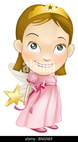 An illustration of a young white caucasian girl dressed as a fairy princess in a fairy princess costume with a crown, star wand Stock Photo