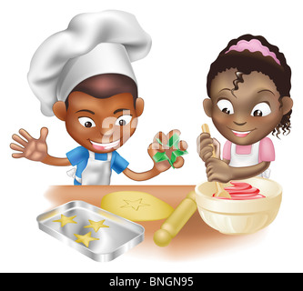 An illustration of two children having fun in the kitchen Stock Photo