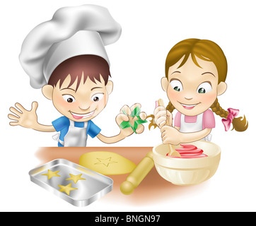 An illustration of two children having fun in the kitchen Stock Photo