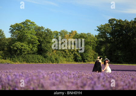 Two girls in the lavender field, Surrey, England Stock Photo