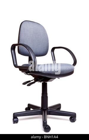 Photo of an adjustable office swivel chair front facing isolated on a white background with natural shadow. Stock Photo