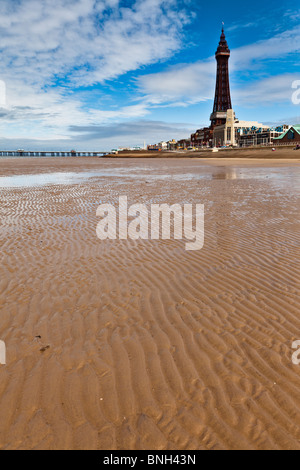 Blackpool sands on a lovely sunny summer day with Blackpool tower in the background Stock Photo