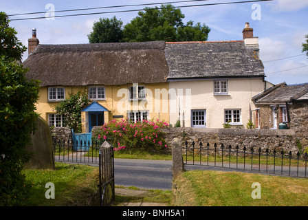 .Country cottages with roses around the door in tranquil North Petherwin ,Cornwall on a typical  summers day in the South  West Stock Photo