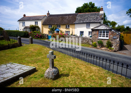 Country cottages with roses around the door in tranquil North Petherwin ,Cornwall on a typical  summers day in the South  West . Stock Photo