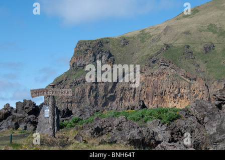 Street name of a street which is found below 30 million tonnes of lava, Heimaey, Vestmannaeyjar, Iceland. Stock Photo