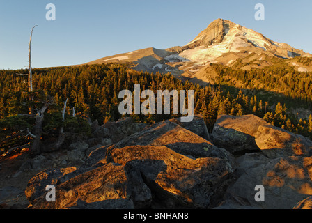 Oregon USA East flank volcano Mount Hood Elliot glacier Cloud Cap Cascade range America American mountain mountains blue sky Stock Photo