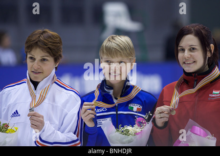 TORINO, ITALY - FEBRUARY 18: 2009 Arianna FONTANA, Italy, celebrates victory at ISU European Short Track Speed Skating Champions Stock Photo