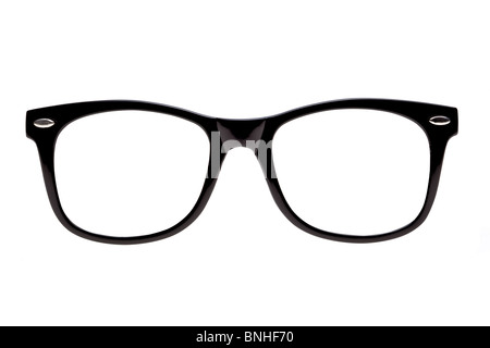 Photo of Black spectacle frames the type of glasses nerds wear, isolated on white with clipping paths for the frames and lenses Stock Photo