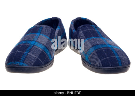 Photo of blue tartan slippers isolated on a white background. Stock Photo