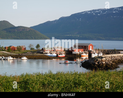 Styrkesnes harbour in Norway, Norland Fylke, in summer. This is late in the evening, but bright because of midnight sun Stock Photo