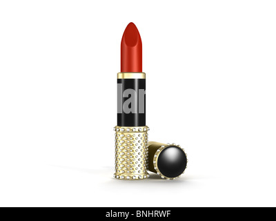 Red lipstick in a gold with diamonds luxury tube isolated on white background Stock Photo