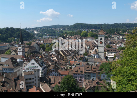 Switzerland Schaffhausen city old town view from Munot fortress fortification buildings houses Rhine river landmark medieval Stock Photo