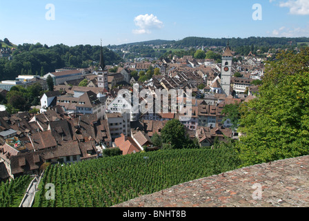 Switzerland Schaffhausen city old town view from Munot fortress fortification buildings houses Rhine river landmark medieval Stock Photo