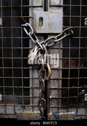 Rusting padlock on metal gate Stock Photo