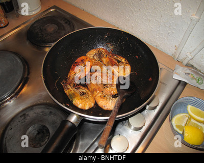 King Prawns cooking in a pan on electric hob. Stock Photo