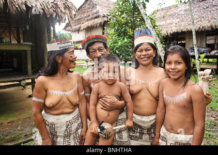 Pevas Peru Amazon rainforest Amazonia Jungle forest river tropics tropical indigenous Americans Huitoto people native natives Stock Photo