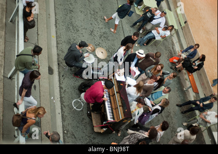 Paris, France, Overview Crowd Scene of People, From Above, Listening to Street Performer, Piano Player, 'Paris Plages', Summer Festival Stock Photo