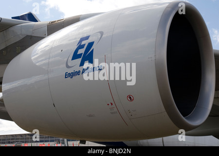 Cowling of Engine Alliance GP7200 Turbofan engine fitted to Airbus A380 at Farnborough International Air Show 2010 Great Britain