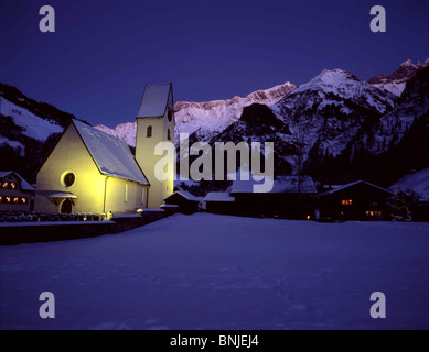 alps alpine mountain mountains Church dark Elm Elm village Canton of Glarus night Religion Snow Winter Switzerland Stock Photo