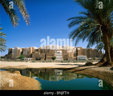 Yemen February 2005 Hadhramaut valley Shibam city UNESCO World heritage site water palm trees Stock Photo