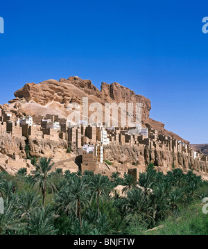 Yemen February 2005 Hadhramaut valley Near Shibam city palm trees mountain Stock Photo