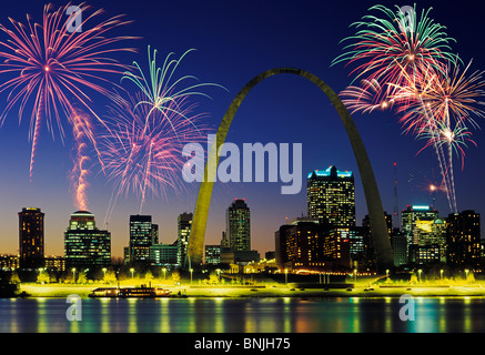 Beautiful fireworks fill the night time sky of St. Louis Skyline, Missouri Stock Photo