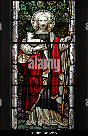 A stained glass window depicting Jesus the Good Shepherd, Parish Church of St James the Great, Snitterfield. Artist Edward Frampton of London Stock Photo