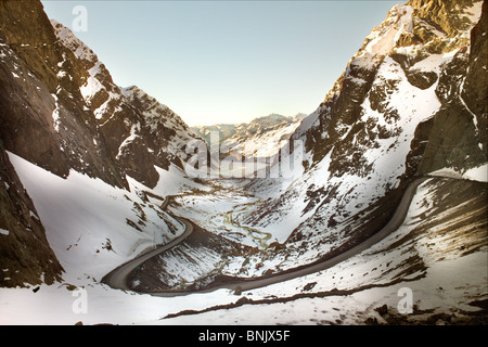 Road to Andina copper mine in chilean Andes Stock Photo