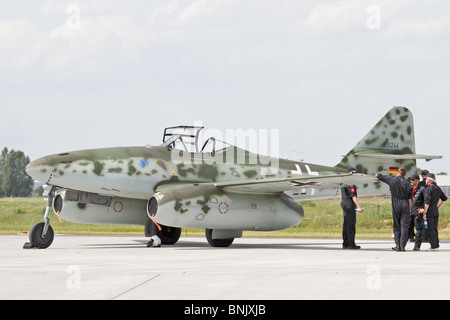 Messerschmitt ME 262 II. World War fighter jet replica on the ground, standing on the runway, personal nearby Stock Photo