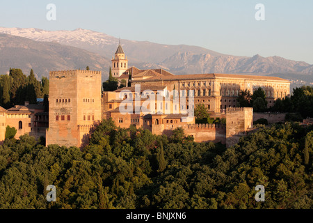 The palace of CarlosV and the Alhambra viewed from the lookout of saint Nicholas in Granada Andalucia Spain Europe Stock Photo