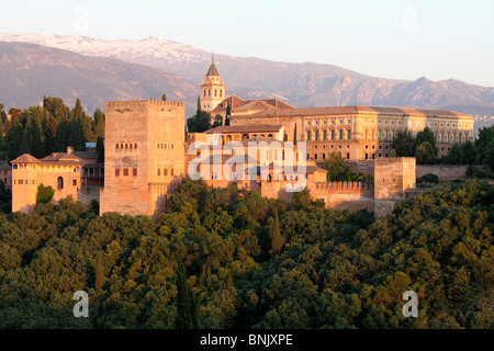 The palace of Carlos V and the Alhambra viewed from the lookout of saint Nicholas in Granada Andalucia Spain Europe Stock Photo