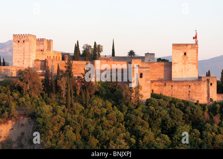 The Alcazaba at the palace of the Alhambra viewed from the lookout of saint Nicholas in Granada Andalucia Spain Europe Stock Photo