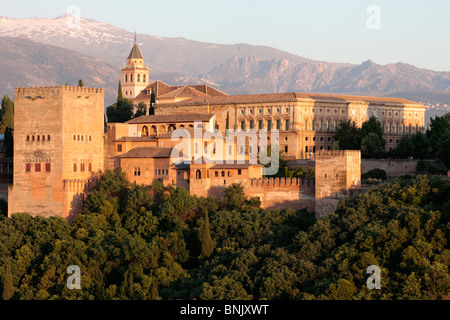 The palace of Carlos V and the Alhambra viewed from the lookout of saint Nicholas in Granada Andalucia Spain Europe Stock Photo