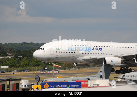 The Airbus A380 super-airliner in display flight at Farnborough International Airshow 2010 Stock Photo